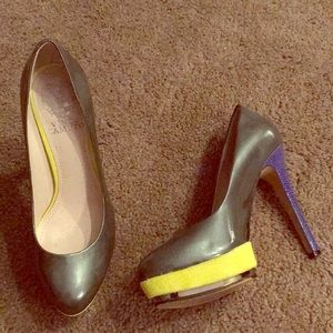 Vince Camuto silver, yellow, purple heel